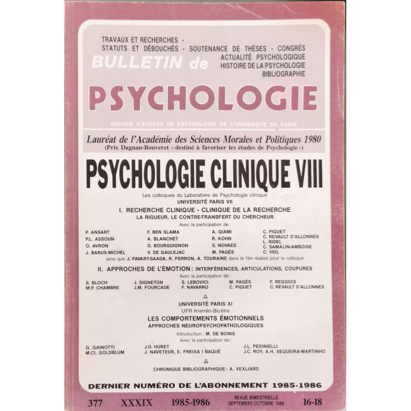 Psychologie clinique VIII N°377 XXXIX